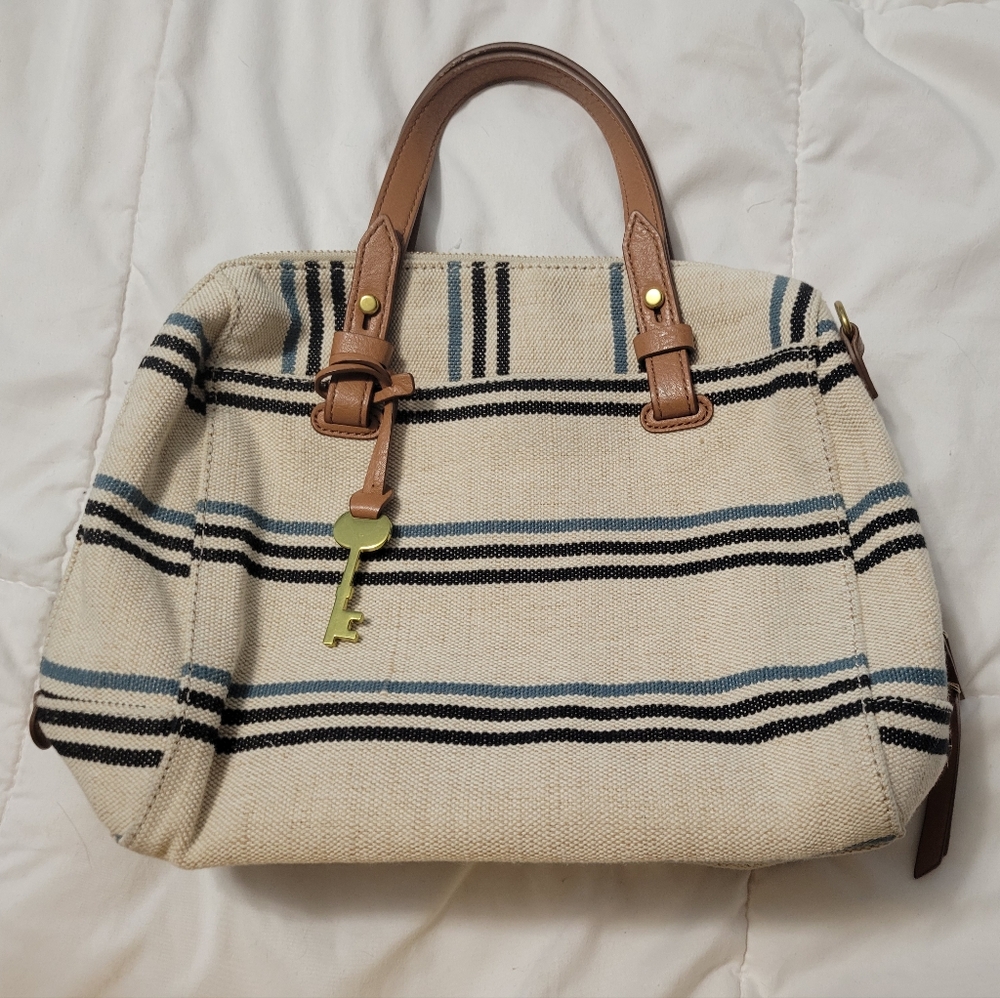 Fossil Rachel Striped Satchel Crossbody Purse Canvas Bag